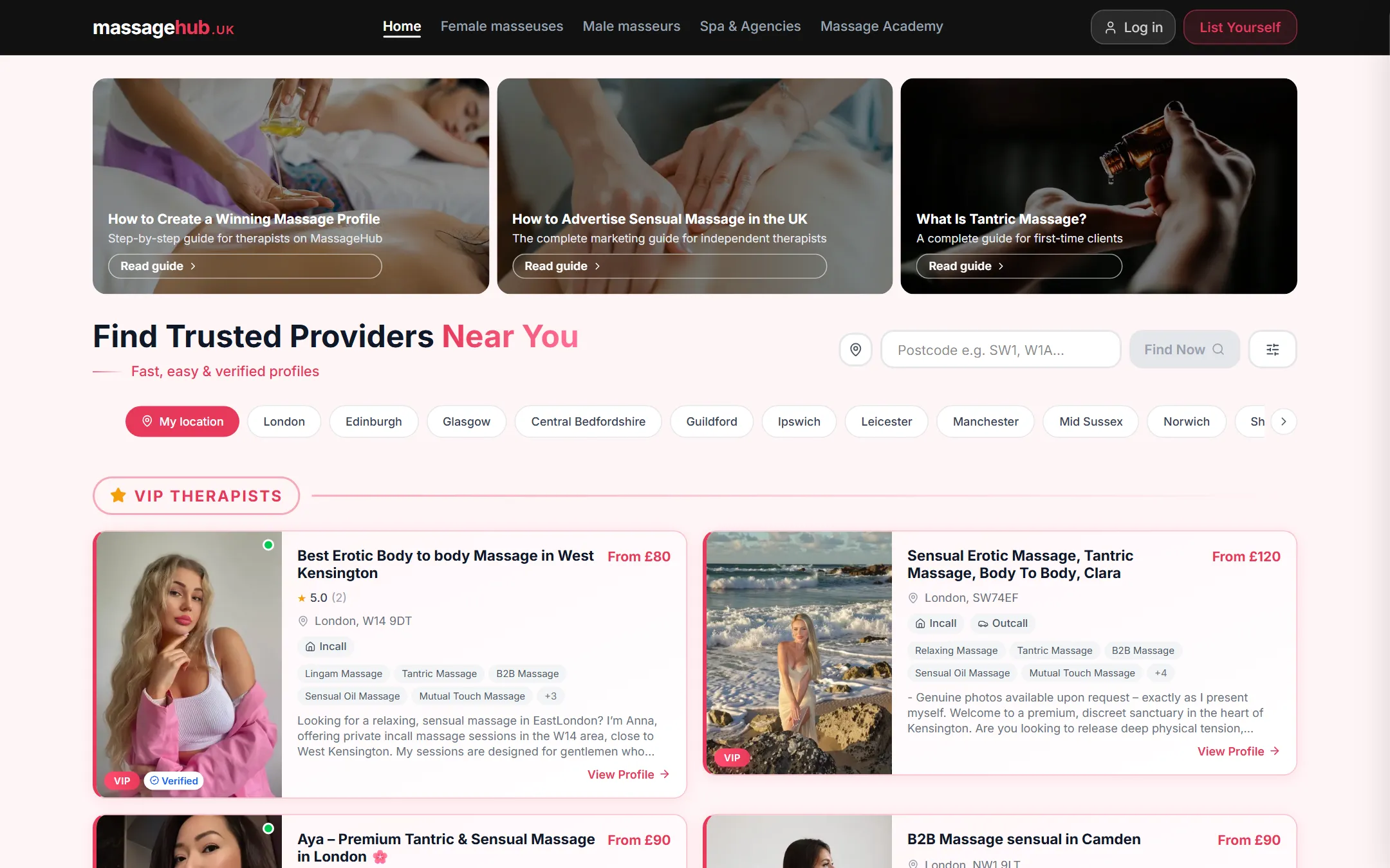 Screenshot of the MassageHub.uk website homepage